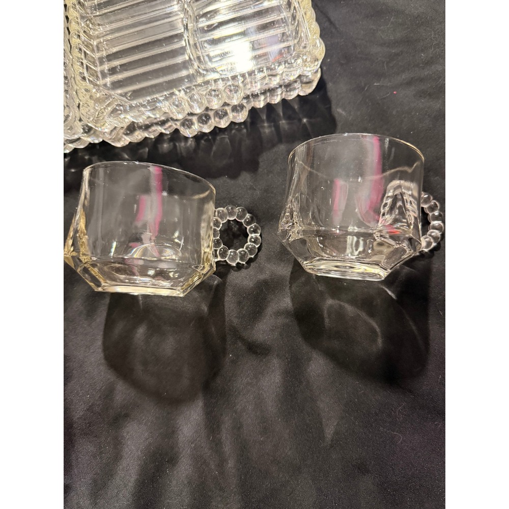Vintage Federal Glass Manhattan Snack Set 4 Trays 2 Cups Clear Ribbed Art Deco - Picture 7 of 7